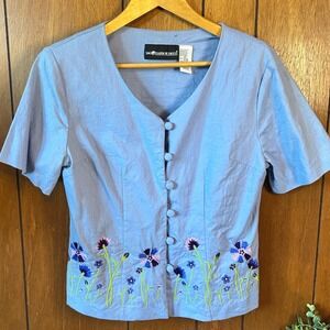 Vintage‎ Sag Harbor Dress Floral Embroidered Linen Blend Button Down Top Size 8
